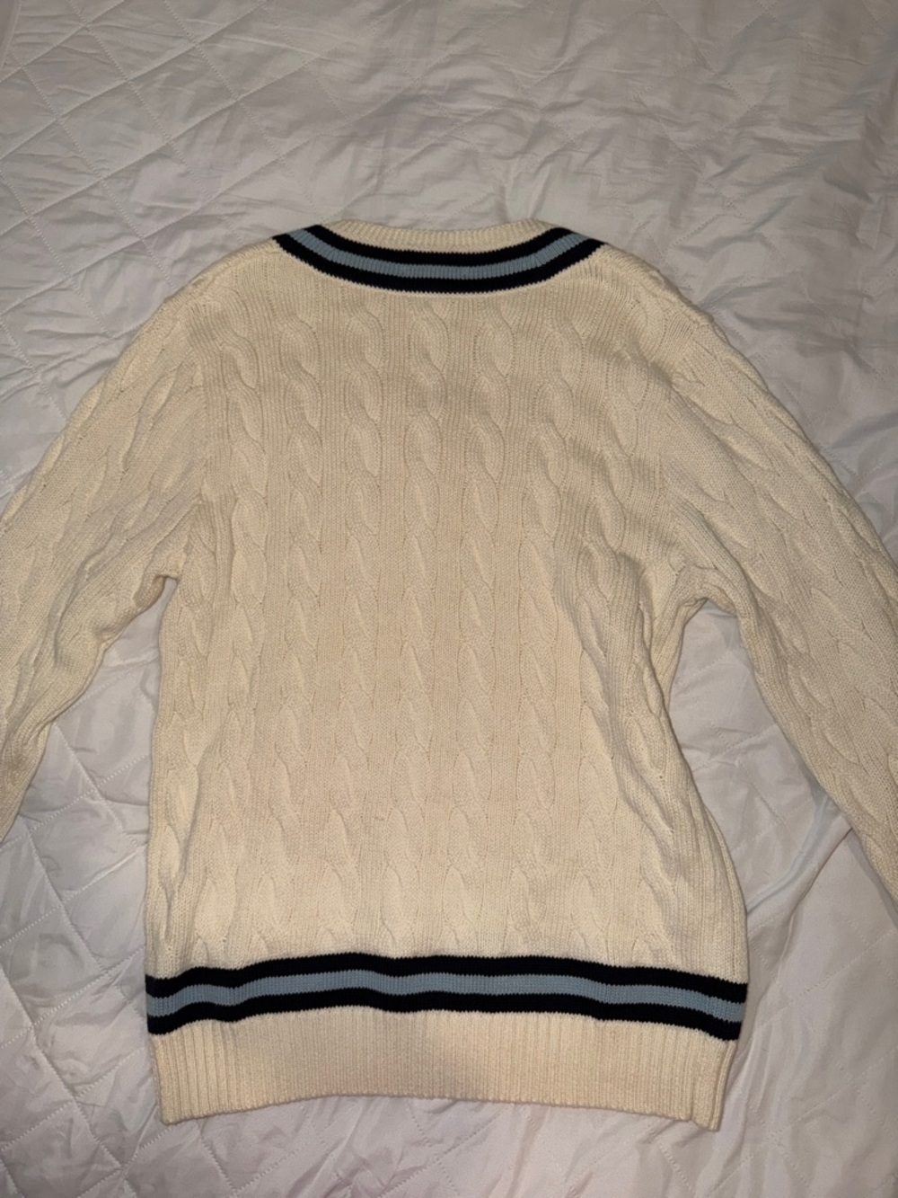 Polo by Ralph Lauren Cream Cable-Knit V-Neck Sweater with Blue Stripes - Picture 3 of 5